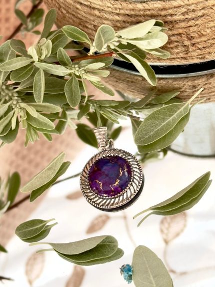 Natural stone pendant ( purple copper turquoise) 1.18 in, silver 925